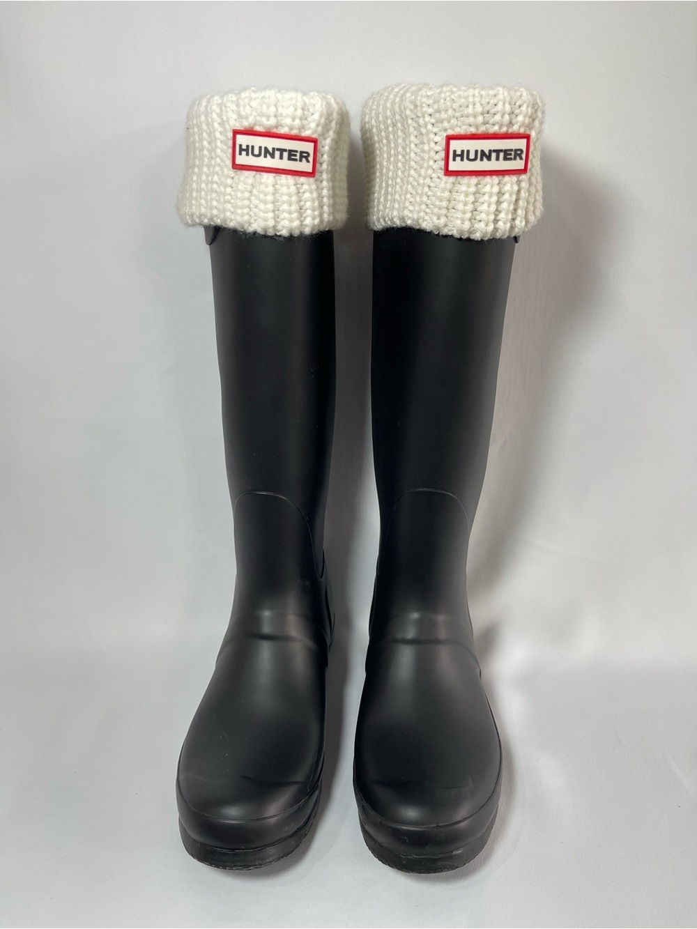 Hunter Tall Black Rain Boots with cream Knit Cuff fleece sock insert water proof